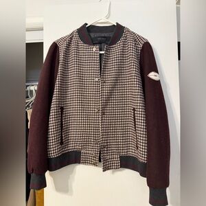 Zara Burgundy Wool Bomber Jacket with Cream Patch